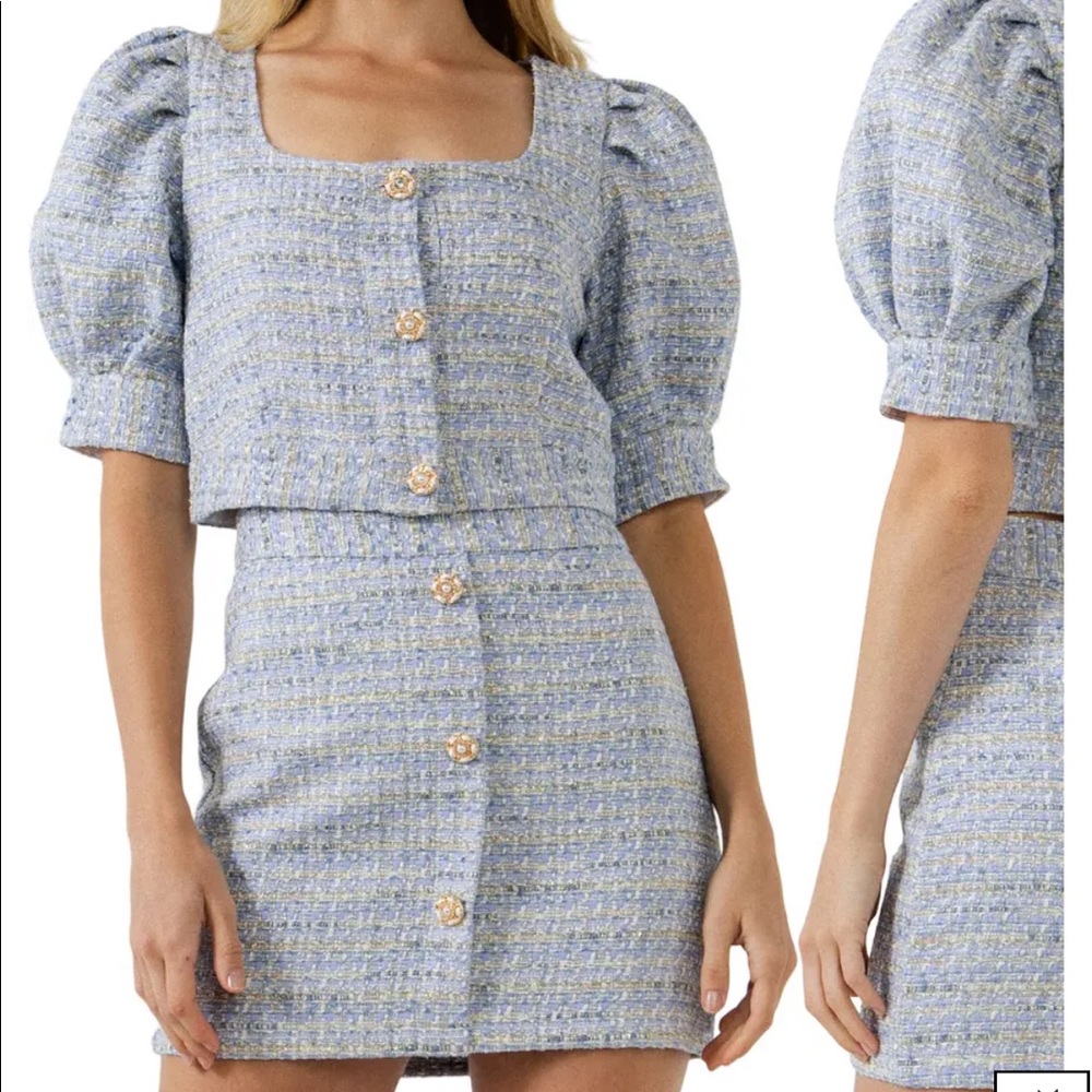 Endless Rose Lavender Tweed Puff Sleeve Skirt Set